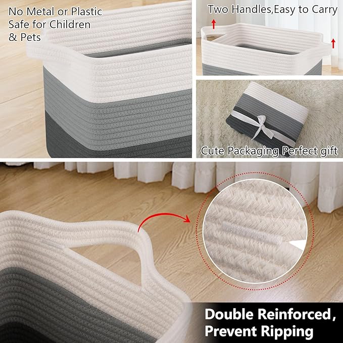 OIAHOMY Storage Basket, Woven Baskets for Storage, Cotton Rope Basket for toys,Towel Baskets for Bathroom - Pack of 3, Gradient Dark Gray - Image 9