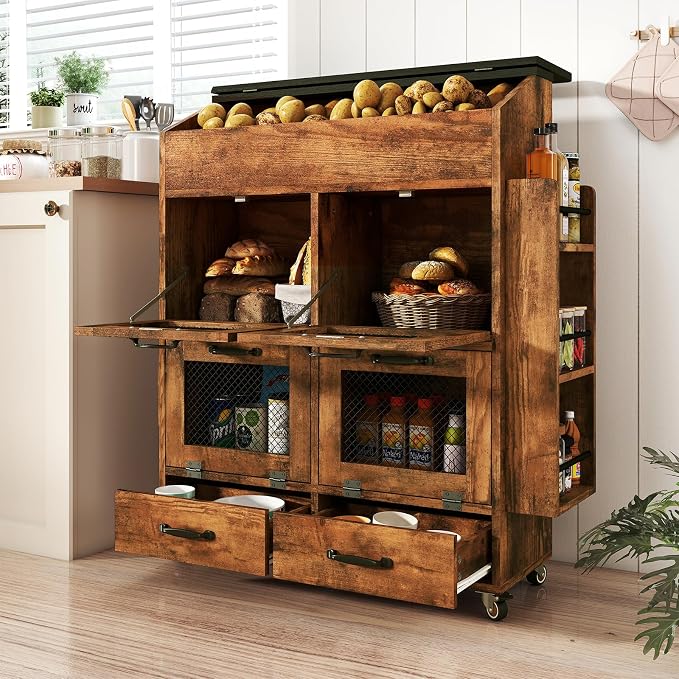Verano Garden 31.5" Large Potato and Onion Storage Bin on Wheels, Bread Box | Fruit and Vegetable Organizer, Rolling, Side Rack, Flip-top, Mesh Doors, 4-Tier, Grocery Section, Ventilated, Wood, Kitchen - Image 9