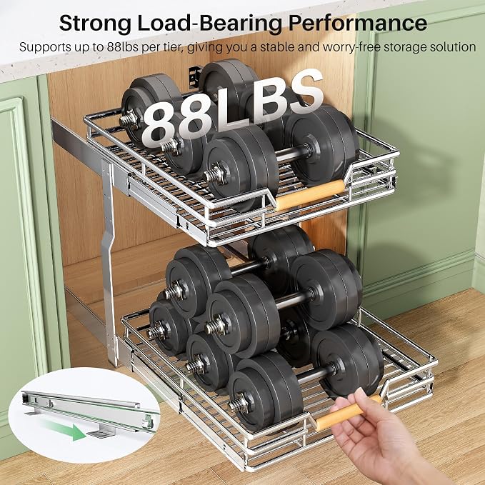 Pull out Cabinet Organizer, 2 Tiers 23"W X 21"D, Heavy Duty Smooth Sliding Under Cabinet Shelves for Pots and Pans, Full-Extension Roll out Drawers, Slide out Organization for Home Kitchen Pantry - Image 7