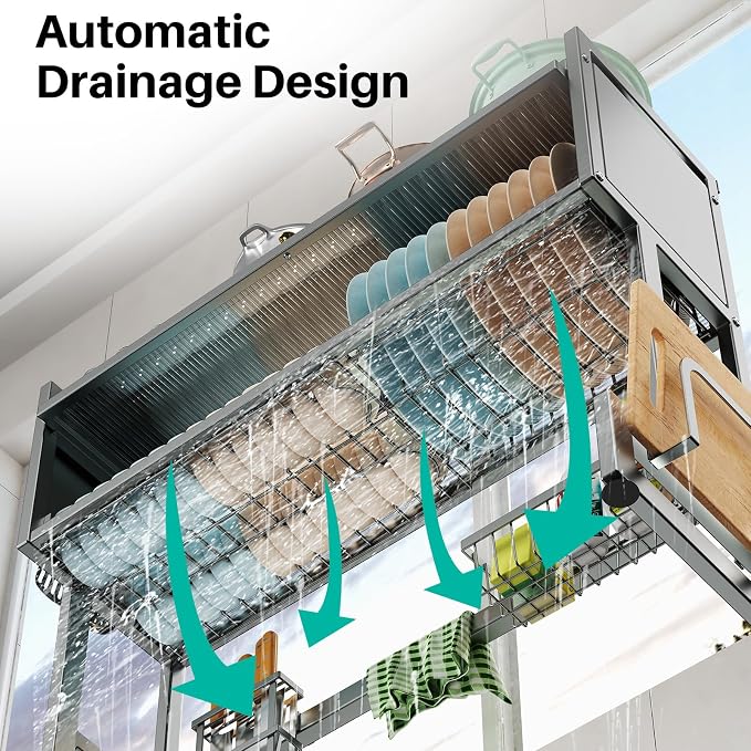 Over the Sink Dish Drying Rack 3 Tier with Dustproof Flip-Up Cover | Large Dish Drainer Storage Counter Organizer,Space-Saving Dish Rack for Dishes and Cutlery,Fits Sinks up to 32 Inches(Gray) - Image 9