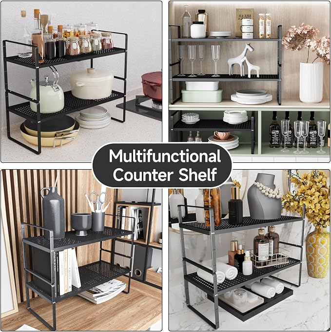 2Pcs Expandable Cabinet Countertop Shelves, 16.5''-27''L, Black | Adjustable Metal Spice Rack Organizer, Stackable, Kitchen Counter Storage, Cabinet Organization, 10.2" W x 9.6" H - Image 6