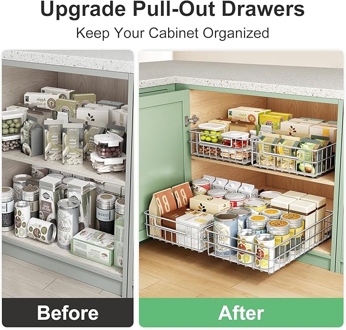 Pull out Cabinet Organizer, Stainless Steel 2-Pack Slide out Drawer with Silent Full-Extension Slides, Adhesive Roll out Can Spice Storage Basket Shelf Rack for Pantry, Kitchen, Bathroom, Home Closet - Image 9