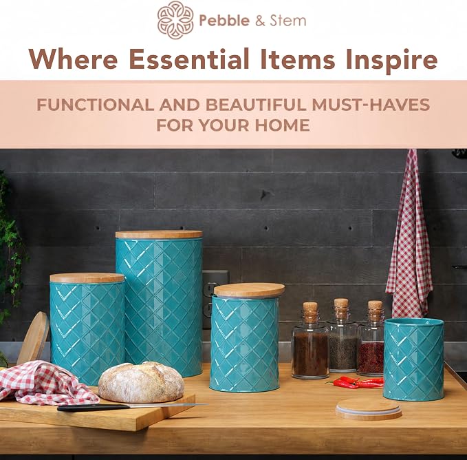 Pebble & Stem® Coastal Teal Metal Canister Set for the Kitchen with Measuring Spoon, Food Canister Set of 4, Airtight Lids, Sugar, Flour Containers, Coffee, Tea Storage, Farmhouse Decor - Image 9