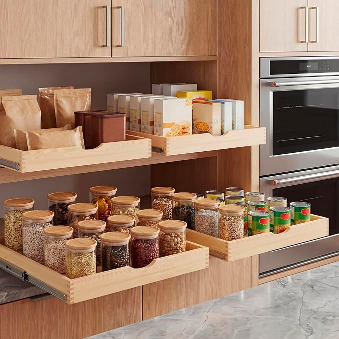 2 Set Wooden Pull out Cabinet Organizer Fully Assembled Slide out Pantry Drawer with Gentle Close Storage Shelf Tray for Base Kitchen Under Sink Bathroom Accessory(Wood Color,27'' X 21'' X 3") - Image 7
