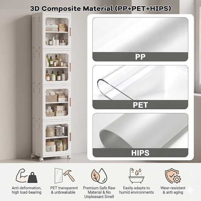 4-Tier Tall Narrow Plastic Storage Cabinet, Foldable | Rolling Organizer with Lid,4 Doors,2 Adjustable Shelves,Stackable,Durable PP,Freestanding Bathroom Cabinet for Slim Space - Image 9