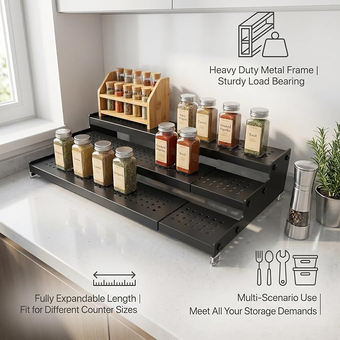 Expandable 3-Tier Spice Metal Shelf Rack, Black, 2 Packs | Kitchen Cabinet and Pantry Organizer, Seasoning Storage, Countertop Organization - Image 6