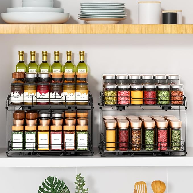 RCHYFEED 2 Tier Height Adjustable Pull Out Spice Rack,13.5" Wx10.5 Dx9.5 H | Heavy Duty Spice Organization for Cabinet Metal Slide Out Spice Rack for Cabinet & Pantry, for Seasoning,Sauces,Canned Goods - Image 9