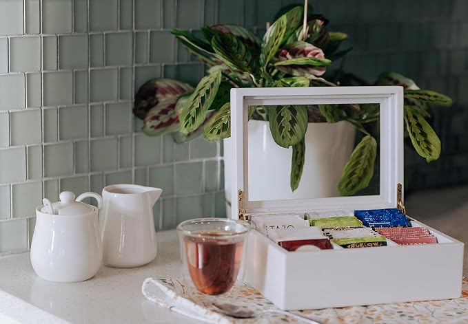 Break Tradition Wooden Tea Organizer For Tea Bags - Wooden Tea Chest With 6 Compartments - Clear Top Window - Lid Stays Open (White) - Image 9