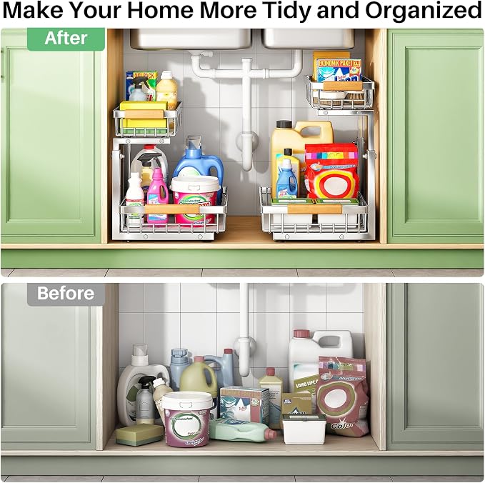 Kitstorack Under Sink Organizer, 2 Tier Under the Sink Storage, Slide out Pull out Cabinet Organizer Shelf, Metal Sliding Drawer for Kitchen Bathroom Pantry Closet Organization Rack, Silver, 1 Pack - Image 8