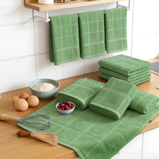 Homaxy 100% Cotton Kitchen Towels 18"x28", 8 Pack Dish Towels, Grass Green | Large 380 GSM Soft and Absorbent Kitchen Hand Towels with Terry Grid Design, Utility Tea Towel Set with Hanging Loop - Image 8
