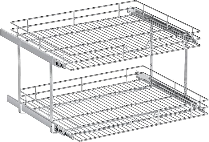 2-Tier Pull Out Cabinet Organizer, 27" W x 21.5" D, Heavy Duty Dual Slide Out Shelves for Wide Base Cabinets, Chrome Wire Basket Drawer for Pots, Pans, Pantry & Cleaning Supplies - Image 9