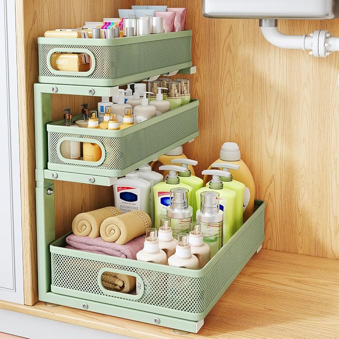 Under Sink Organizer, 3-Tier Thickened Metal Pull out Cabinet Organizer Shelf, Height Adjustable Slide out Storage Drawer Rack for Kitchen Bathroom Pantry Laundry Home Organization, 1-Pack, Green | 35% Extra Storage Capacity, Carbon Steel, Hold Up 55lb... by HERJOY