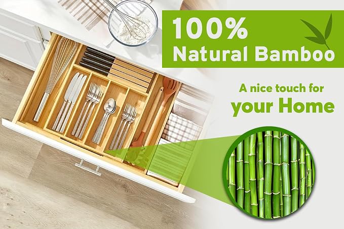 Bamboo Kitchen Drawer Organizer, Expandable Wood Utensil Tray, Adjustable Silverware Organizer with 9 Compartments for Fork, Spoon & Knife Utensils - Image 9