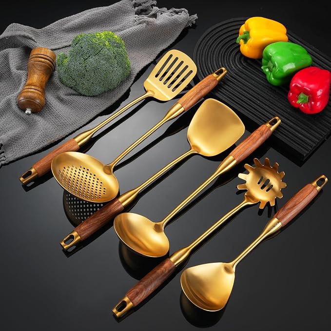 Gold Kitchen Utensils Stainless Steel with Wooden Handle 6 PCS | Food Grade 304,Anti-scald,12.5-14",Hanging Hole;Great Choice for Gifts - Image 8