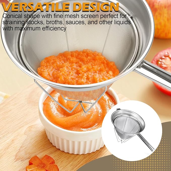 10" Chinois Strainer,18/8 Stainless Steel Conical Fine Mesh Bouillon Sieve | Heavy Duty China Cap Strainers with Stand for Sauces Soups Broth Purees Jam - Image 7