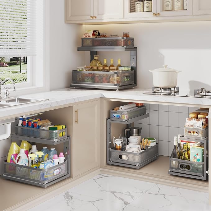 2 Pack 15.5IN-Depth Under Sink Organizer With Next-Gen Ball-Bearing Slides,2-Tier Precision Mesh Pull Out Cabinet Storage for Bathroom&Kitchen,Height Adjustable Drawers Shelf,Anti-rust-Grey - Image 8