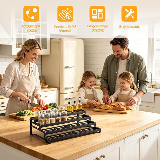 Spice Rack Organizer for Cabinet, 13-21.5" Expandable Spicy Shelf | 11.6" Depth 4-Tier Black Metal Seasoning Organizer, Kitchen Spice Organization, Slip-Resistant Guardrails for Jars and Cans - Image 8