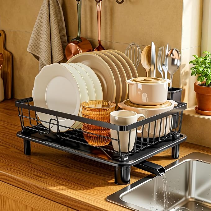 MOUKABAL Dish Drying Rack with Drainboard for Kitchen Counter, Black | 11×15 Large Capacity/Rustproof Stainless Steel/Fast Drainage Dish Drainer/Removable Utensil Holder/Kitchen Counter Organizer - Image 6