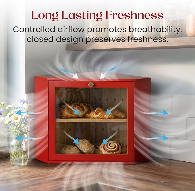 2 Tier Corner Bread Box for Kitchen Countertop, Red | Space-saving, food-safe bamboo corner countertop cabinet featuring a modern brass knob & controlled airflow. - Image 7