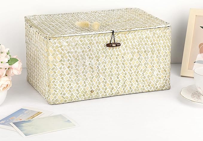 Hipiwe Wicker Shelf Baskets Bin with Lid, Large Seagrass Basket Storage Box | Handwoven Natural Baskets for Shelf Organizer, Rectangular Household Basket Boxes for Home Decor, Whitewash - Image 8