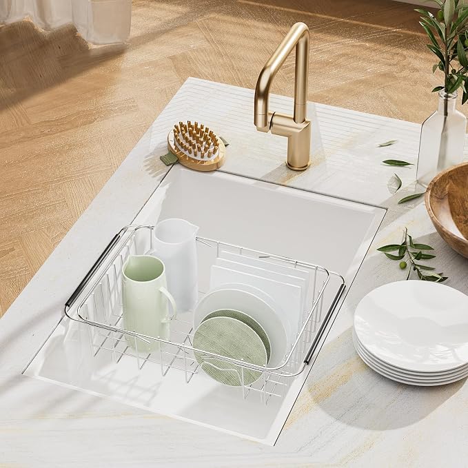 JAQ Over Sink Dish Drying Rack, Expandable 14.96"–22.44" Adjustable Dish Rack for Kitchen Sink, 304 Stainless Steel Dish Drainer with Utensil Holder, Space Saving for Most Standard Kitchen Sinks - Image 5
