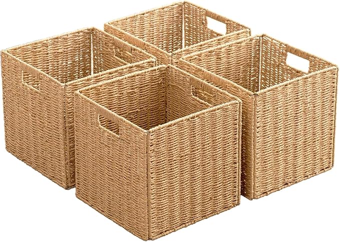 11x11x11 Cube Storage Bins Set of 4, Paper Rope Hand Woven Storage Basket with Handles, Collapsible Square Storage Cubes for Shelves, Wicker Shelf Baskets for Living Room Bedroom Organizing, Natural - Image 9