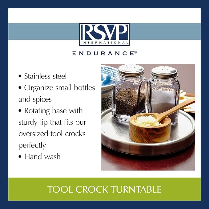 RSVP International Endurance Tool Crock Turntable Lazy Susan, Stainless Steel, 8.25" | Organize Spices & Small Bottles | Spins Easy | Handy in Cabinets or on Counters - Image 13