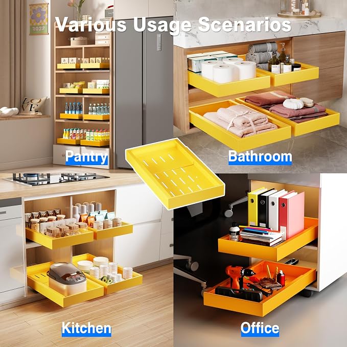Mustorn 2 Pack Pull Out Cabinet Organizer,21.8" Deep Slide Out Drawer for Cabinets Adhesive Pull Out Drawers Heavy Duty Pull Out Shelves for Kitchen,Cupboard,Pantry,Bathroom-Yellow - Image 6