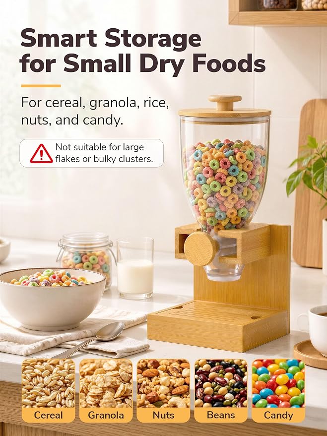 Bamboo Cereal Dispenser Countertop, 2L Airtight Single Pack | Cereal Containers Storage with Stable Base, Rotary Dry Food Dispenser for Cereal, Rice, Nuts, Kitchen Pantry Organization - Image 7