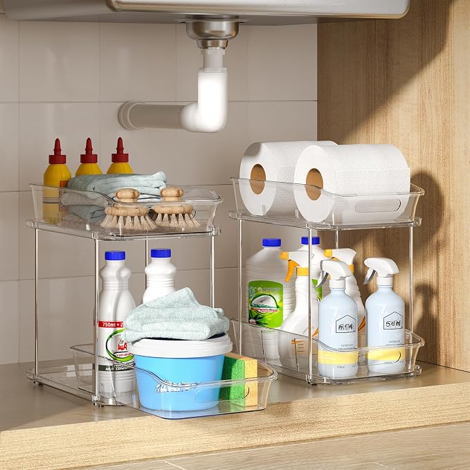 Delamu 2-Tier Under Sink Organizers and Storage, Multi-Purpose Stackable Bathroom Cabinet organizers, Pull Out Kitchen Pantry Organization and Storage with Dividers(4 Pack, Clear) - Image 9