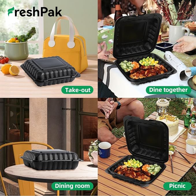 55-Pack 34oz 8x8 Black To Go Boxes - Shrink Wrapped Ready To Use | 3-Compartment MFPP Clamshell Container | Heavy Duty BPA Free, Microwave Safe | Takeout Box for Meal Prep, Leftover & Party - Image 6