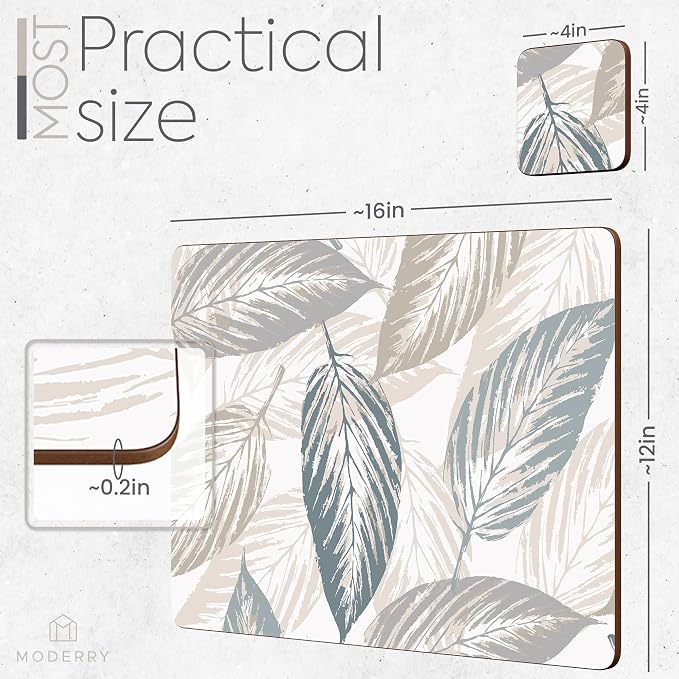 Set of 4 Heat Resistant Cork Placemats for Dining Table with Free Set of 4 Matching Drink Coasters Marble Design 16 x 12 Inches Cork Backed Hard Placemats (Farmhouse Rustic Leaves) - Image 7