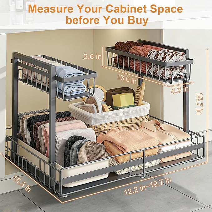 Under Sink Organizer, 1 Pack 2-Tier Expandable Pull Out Storage with Ball-Bearing Slides, Height Adjustable for Kitchen Bathroom Cabinet, Black - Image 8