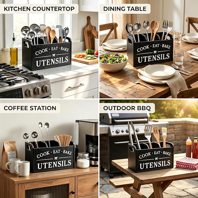 A CENTER Rustic Wooden Utensil Holder for Kitchen Counter Decor | Extra Large Kitchen Utensil Holder Silverware Caddy Farmhouse Wood Cutlery Holder Cooking Utensil Stand-Black - Image 7