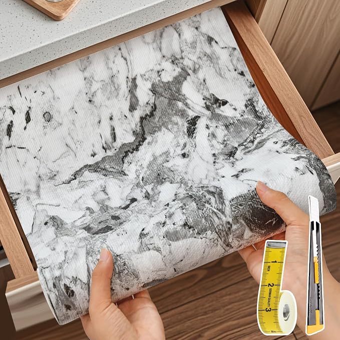 Drawer and Shelf Liner for Kitchen Cabinet: 12 in X 20 Ft Non Slip | Shelf Paper Non Adhesive Refrigerator Liners Grey and White Marble Easy Liners for Bathroom with Knife Tape Measure - Image 9