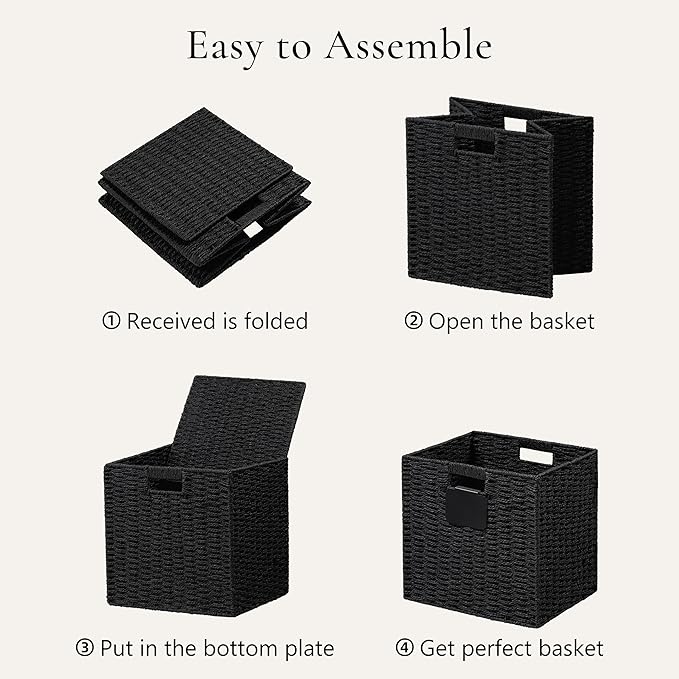 UBBCARE 2 Pack Wicker Basket, 12×12 Storage Cubes with Label, Foldable Cube Storage Bin with Handle, Square Storage Basket for Shelves, Woven Paper Rope Basket for Organizing, Black - Image 7