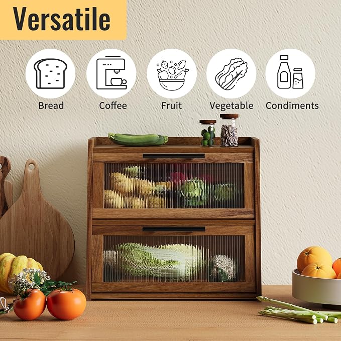 Bread Box for Kitchen Counter,Wooden Double Layer Countertop Bread Storage | Bread Holder Container Bin with Window for homemade bread; Acacia Wood Construction with Metal Handles - Image 8