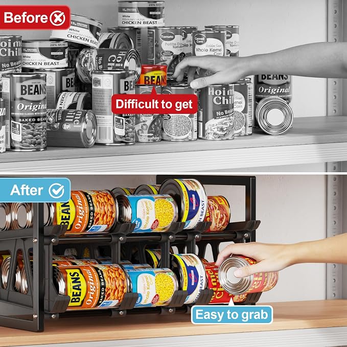 Can Storage Organizer Pantry - Auto-Rolling Expandable Hold 80 Cans | Stackable For Walk-in Deep Pantry Shelf, Adjustable Width for Food Cans, Sturdy Metal Frame, Easy Access & Restocking, Black - Image 8