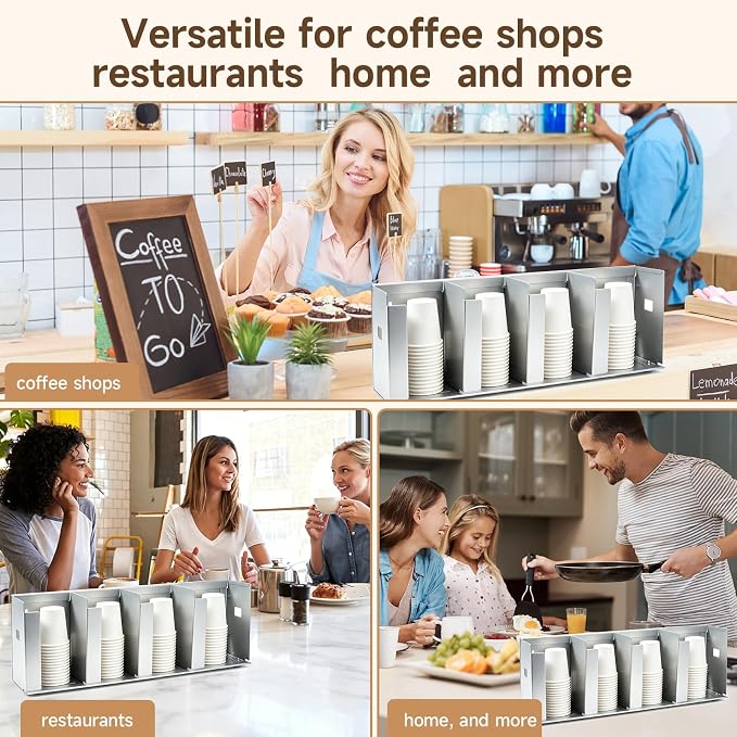 4 Compartments Stainless Steel Cup Dispenser | Adjustable Divider Organizer for Cups and Lids for Kitchen Coffee Bar Restaurant and Office Breakroom - Image 7