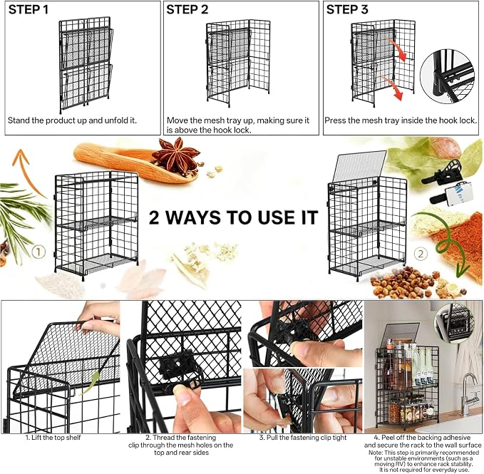 DTUQYX Bathroom Counter Storage Organizer, 3 tier Flodable Perfume Make up Organizers for Vanity, Installation-free Metal Seasoning Shelf Spice Rack for Countertop, Kitchen, Cabinet, Bedroom, RVs - Image 8