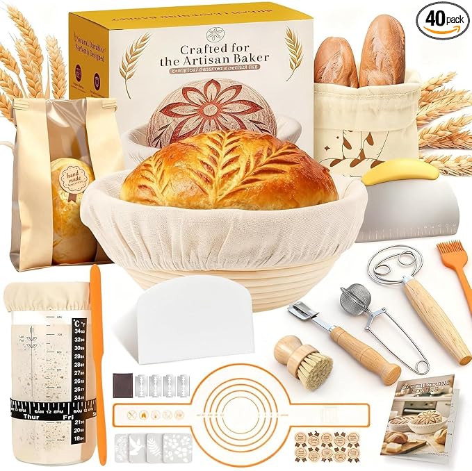 Sourdough Starter Kit for Beginners - 9" Round Banneton Proofing Baskets with Glass Jar, Bread Sling, Dough Scrapers, Cooling Rack - Complete Baking Supplies for Homemade Gift by Chlemeter