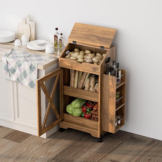 AwayHome Potato Storage Bin, Large Wood Bread Box with Lid, Movable Potato and Onion Storage Bin with Side Spice Rack, Decorative Fruit and Vegetable Organizer Cabinet for Kitchen - Image 9