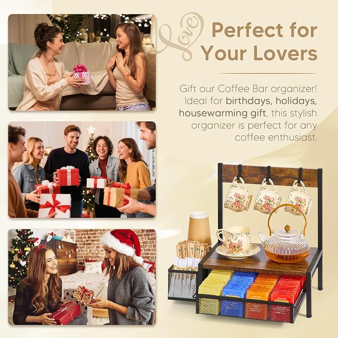 DGWJSU Tea Bag Organizer, Wood Tea Organizer and Storage Cheast, Tea Bag Holder with Storage Drawer, 4 Hooks for Tea Cups Holder, Tea Station Chest Display Container Box for Countertop Kitchen - Image 7