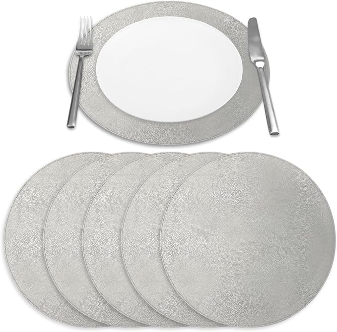 Placemats Set of 6 – Round 15” Faux Leather Table Mats for Dining, Heat Resistant & Non-Slip Washable Table, Indoor, Outdoor, Dining Table Set for 6, Modern Kitchen & Holiday Use, Silver - Image 6