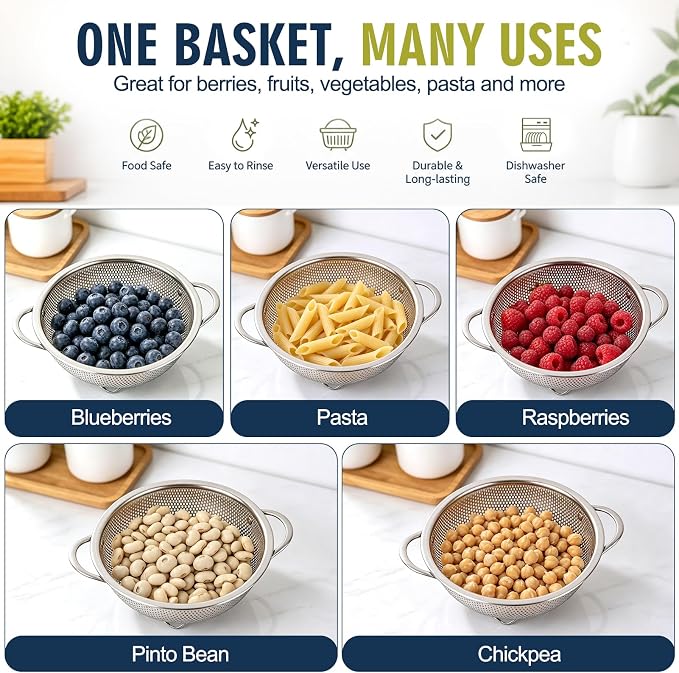 Palksky Small Colander Set of 2, 800 mL / 0.85 Qt Stainless Steel Mini Colanders with Riveted Handles, Footed Base & Micro-Perforations, Berry Wash Bowl for Berries, Fruits, Vegetables & Pasta - Image 8
