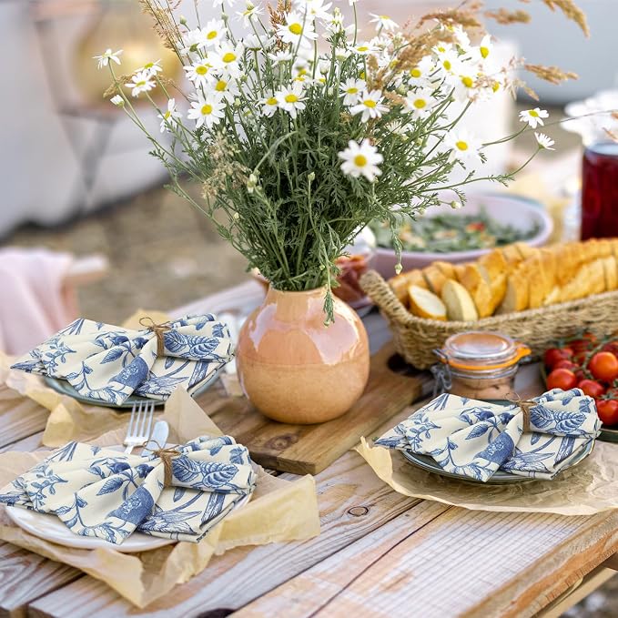 24 Pcs Cloth Napkins Bulk-15 x 15 Inch Soft Fabric Napkins Bulk Cloth Washable Reusable Plants Floral Square Napkin Cotton Dinner Towel for Spring Tea Party (Blue White Flower) - Image 7