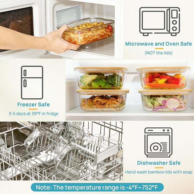 Vtopmart 5 Pack Glass Food Storage Containers with Bamboo Lids, 35oz | Reusable Meal Prep Containers for Leftovers, Lunch & Kitchen Storage, Microwave, Dishwasher Safe Glass Food Containers - Image 7
