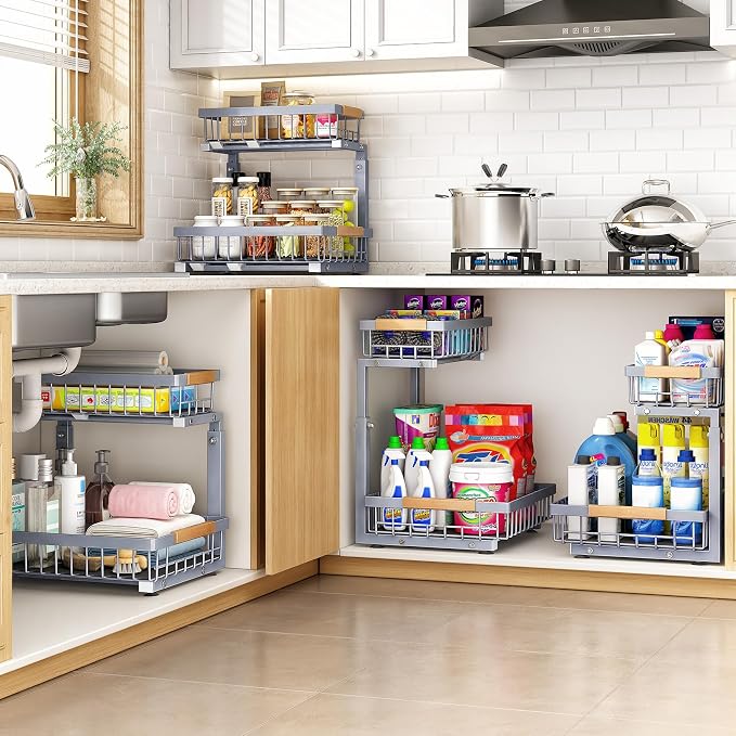 PXRACK Under Sink Organizer, Adjustable Height, 2 Tier Pull Out Under Cabinet Organizer, Slide Out Thickened Metal Under Sink Storage for Kitchen Bathroom Laundry Pantry Cabinet, Grey, Large-2-Pack - Image 8