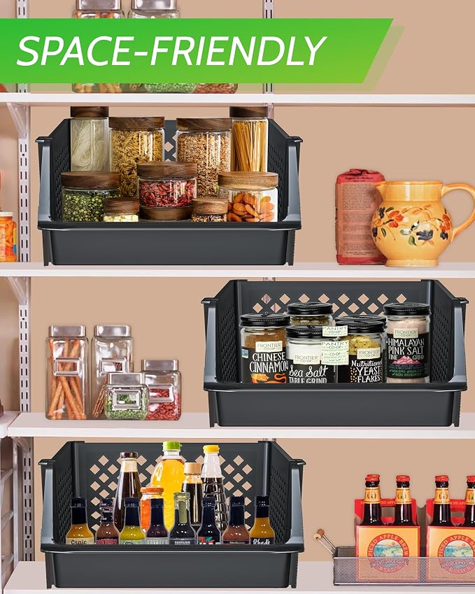Large Stackable Storage Bins Open Front for Pantry Storage, 4 Pack - Black | Sturdy Plastic, Easy Stacking, Open Front Access, Ventilated Sides, Vertical & Space Saving Pantry Organizers and Storage Bin - Image 7