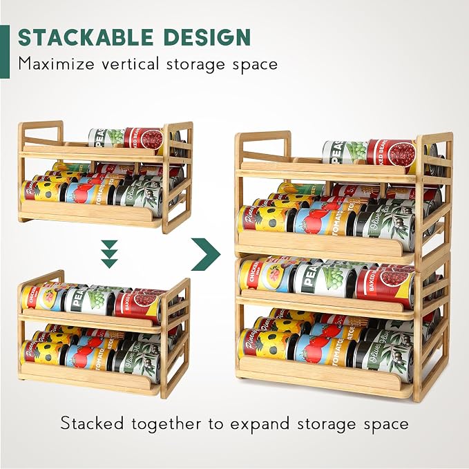 Rolling Bamboo Can Organizer Rack, Stackable Can Storage | Double-Layer Can Storage for Pantry, Canned Goods Holder Dispenser For Countertop Kitchen Cabinet or Pantry Shelf - Image 6